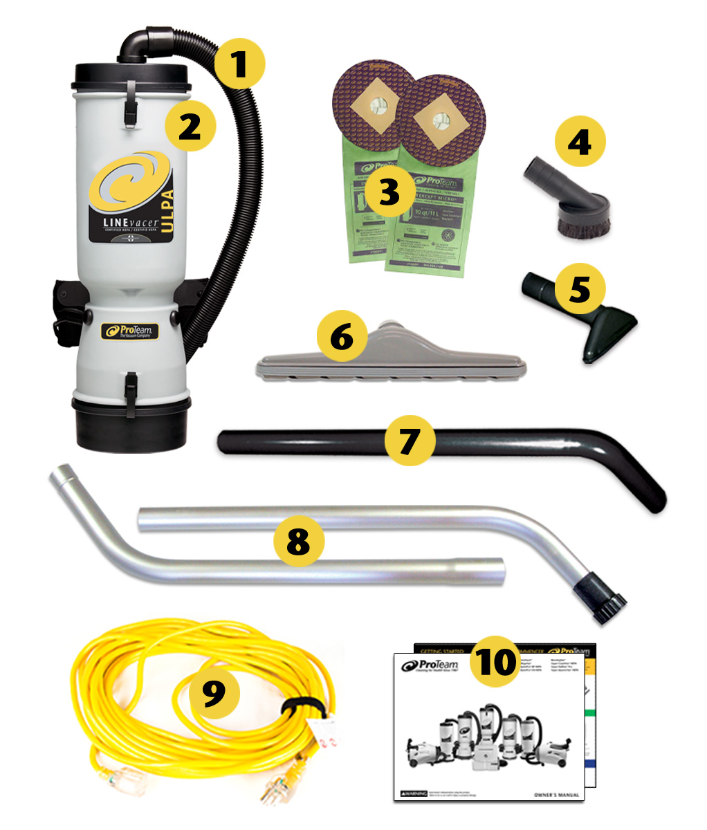 Image of what is included in the box of ProTeam LineVacer ULPA 10 qt. Backpack Vacuum