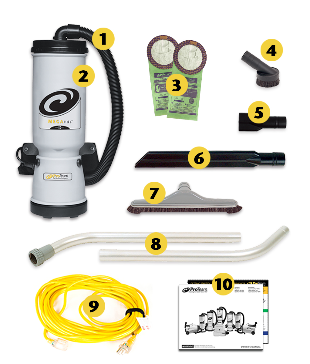 Image of what is included in the box of ProTeam MegaVac, 6 qt. Backpack Vacuum