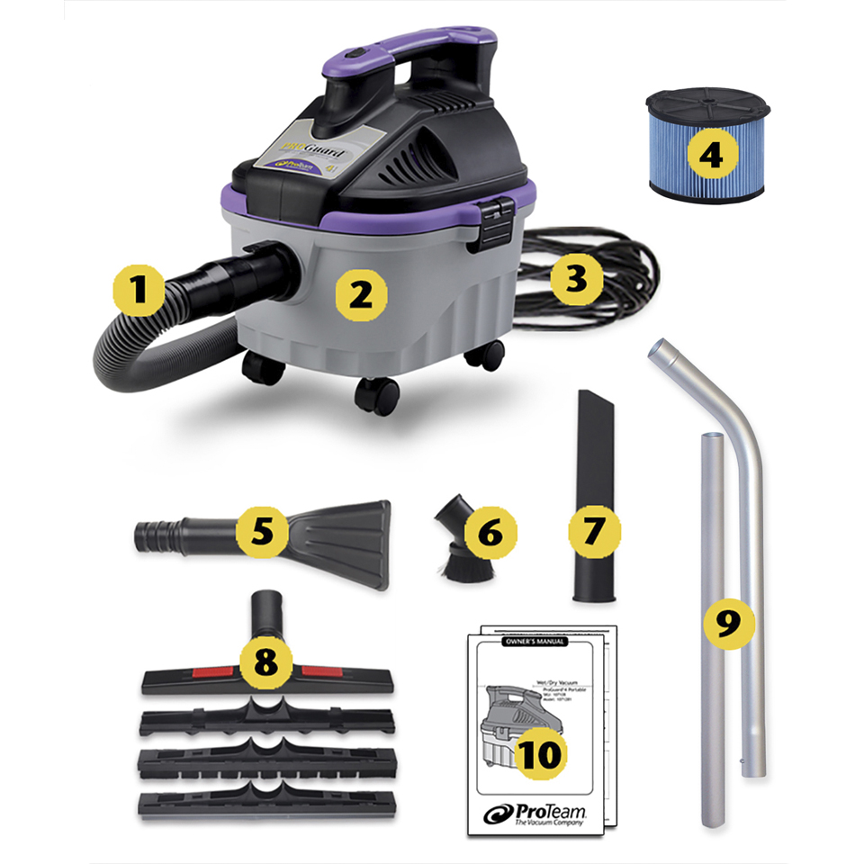 Image of what is included in the box of ProTeam ProGuard 4, 4 gallon Wet/Dry Vacuum