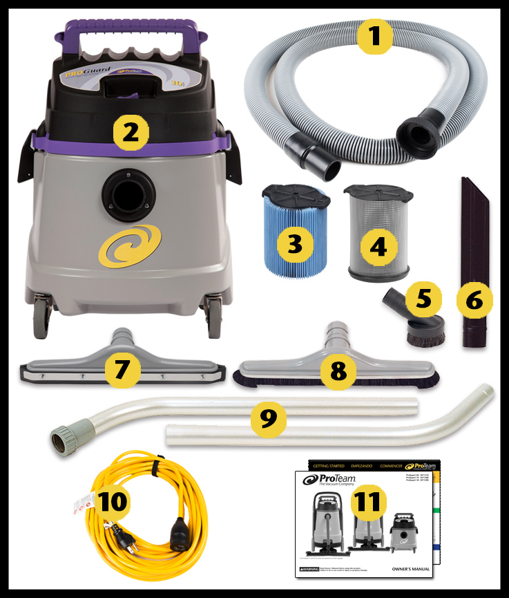 Image of what is included in the box of ProTeam ProGuard 10, 10 gallon Wet/Dry Vacuum