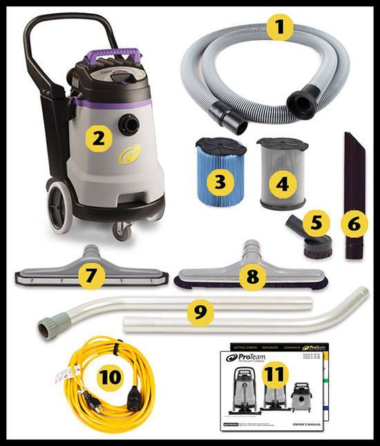 Image of what is included in the box of ProTeam ProGuard 20, 20 gallon Wet/Dry Vacuum