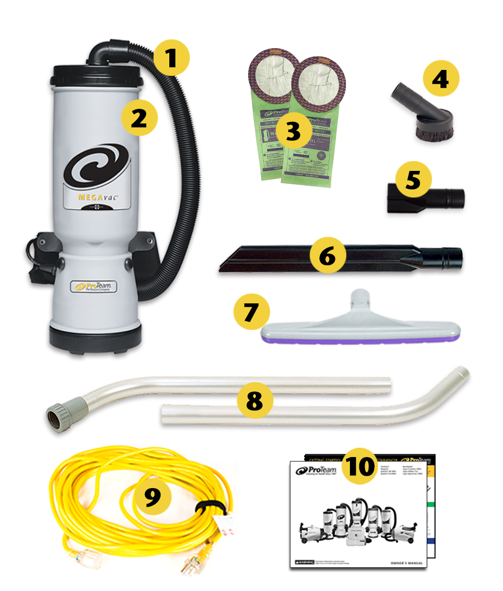 Image of what is included in the box of ProTeam MegaVac, 6 qt. Backpack Vacuum