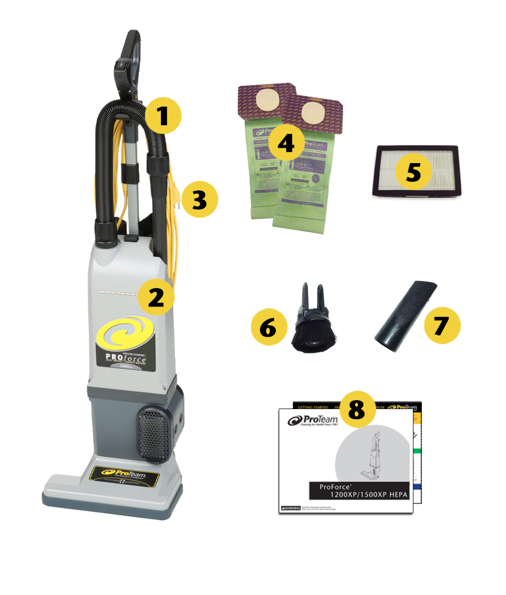 Image of what is included in the box of ProTeam ProForce 1200XP Upright Vacuum