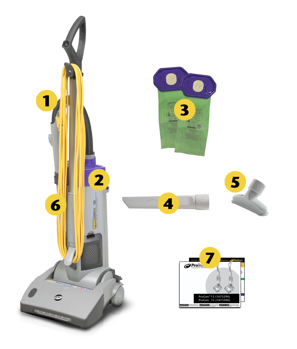 Image of what is included in the box of ProTeam ProGen 12  Upright Vacuum
