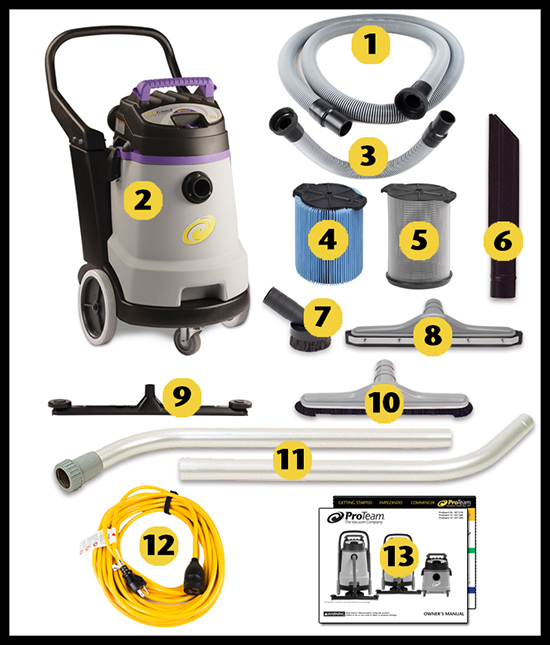 Image of what is included in the box of ProTeam ProGuard 15, 15 gallon Wet/Dry Vacuum