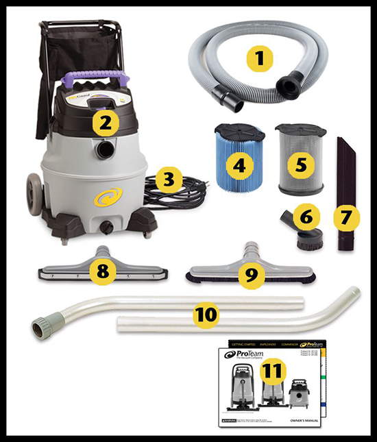 Image of what is included in the box of ProGuard 16 MD, 16 gallon wet/dry vacuum