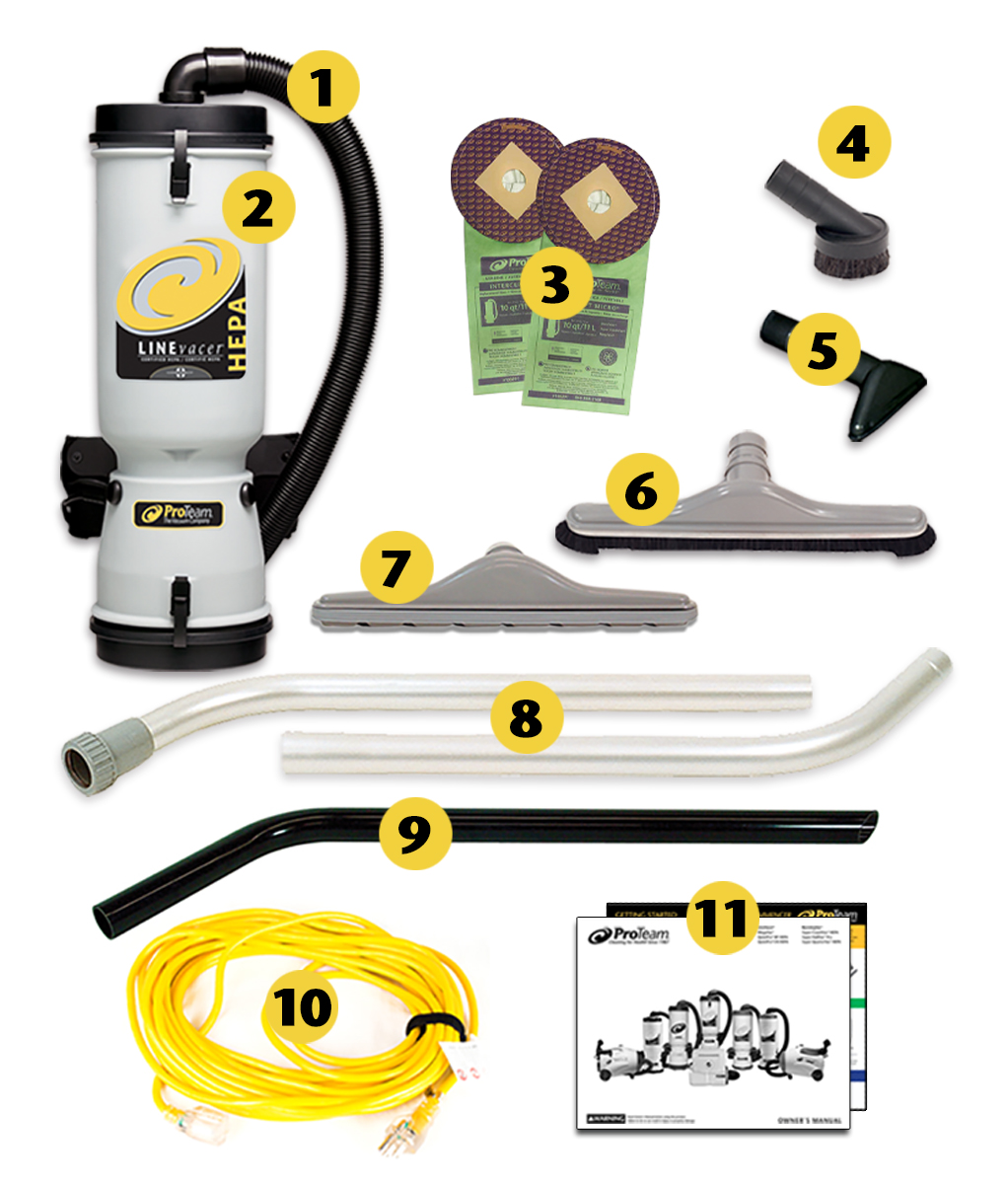 Image of what is included in the box of ProTeam LineVacer HEPA 10 qt. Backpack Vacuum