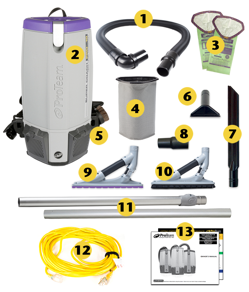 ProTeam 107339 Super Coach Pro 10 Qt. Backpack Vacuum with 105889 Hard Floor  Kit with Scalloped Felt Brush - 120V